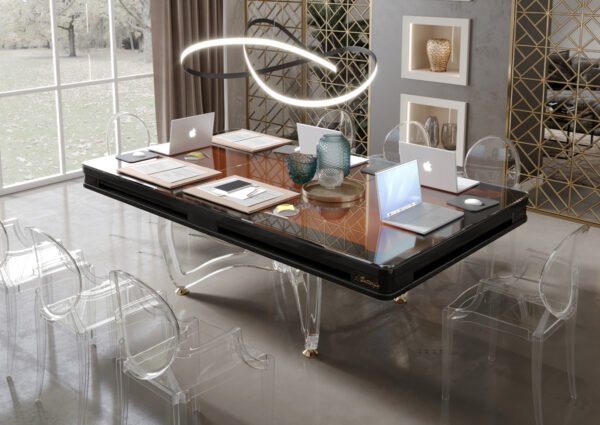 Tavolo biliardo trasformabile in tavolo da pranzo / scrivania. Modello Butterfly base in plexiglass. La foto rappresenta l'uso come scrivania